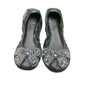 Tory Burch Eddie Black Jeweled-Bow Ballet Flats - Size 8 1/2